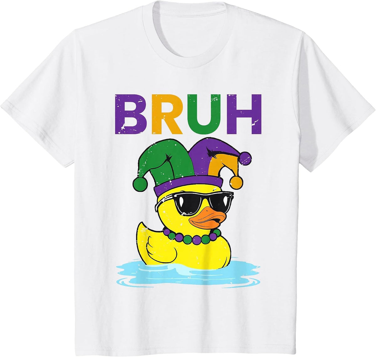 Bruh Funny Duck Mardi Gras Rubber Duck with Jester Hat T-Shirt - White