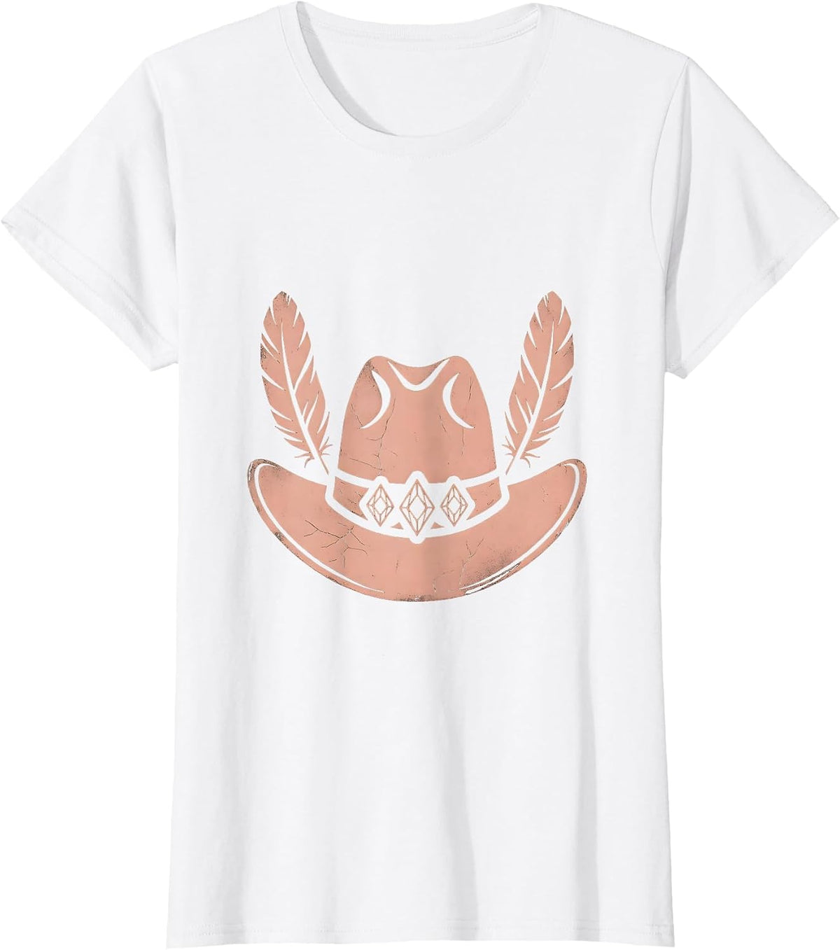 Women's Pink Cowgirl Hat With Feathers and Gemstones T-Shirt - White