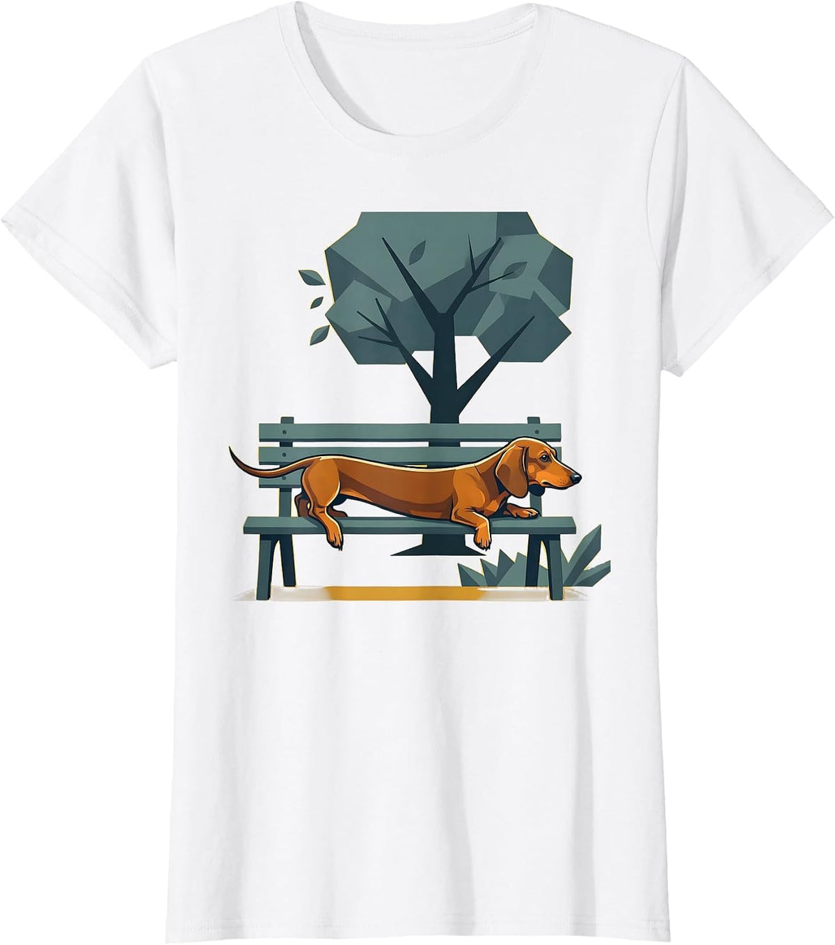 Dachshund Stretched Across Park Bench Illustration T-Shirt - White