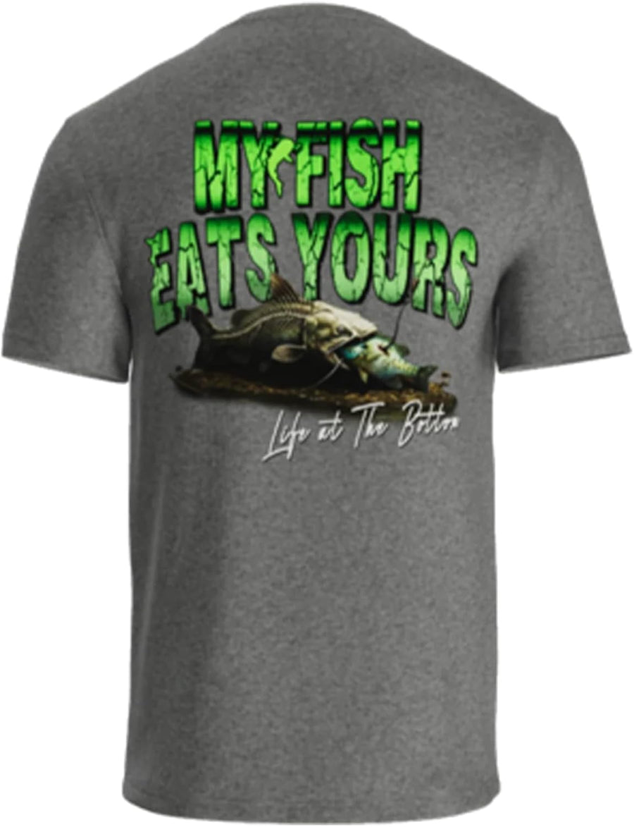 KATFISH My Fish Eats Yours Catfish Fishing T Shirt for Men, Graphic Tee - Gray My Fish Eats Yours