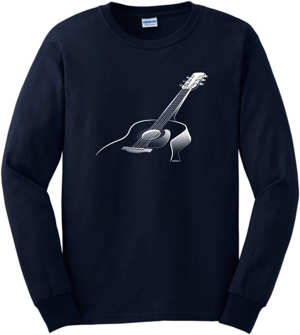 Music Lovers Gifts 3D Acoustic Guitar Music Themed Long Sleeve T-Shirt - Navy