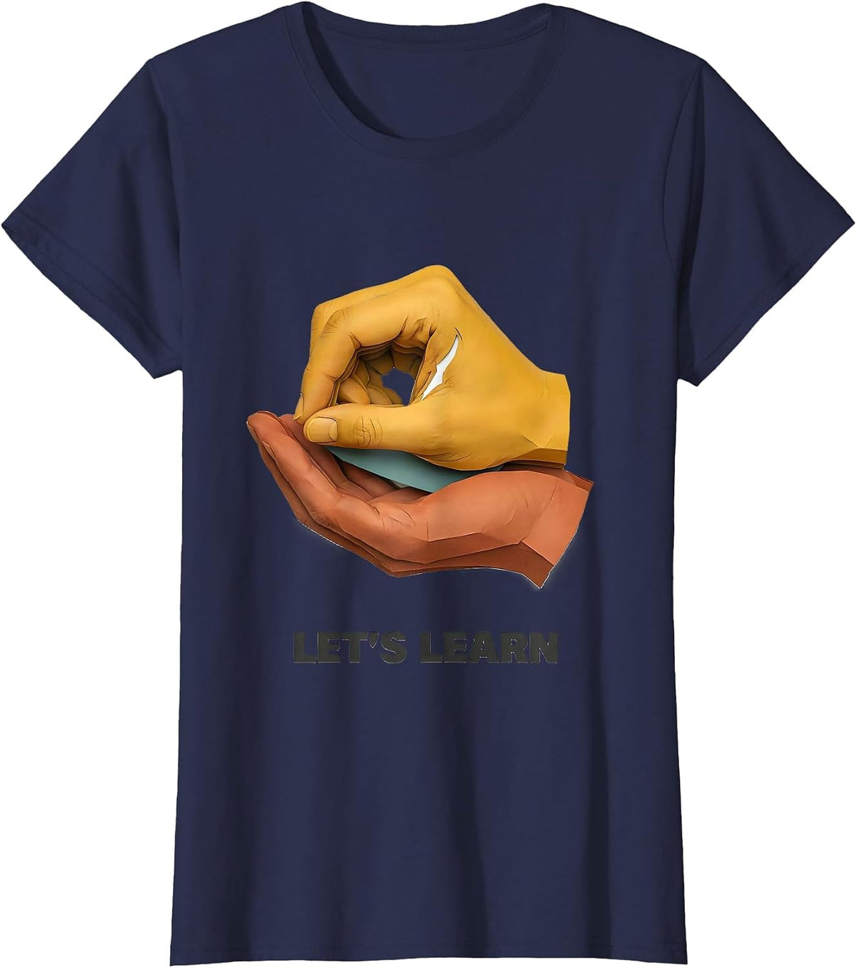 Women's Let's Learn Paper Cutout ASL Sign Language Teacher Advocacy T-Shirt - Navy Blue
