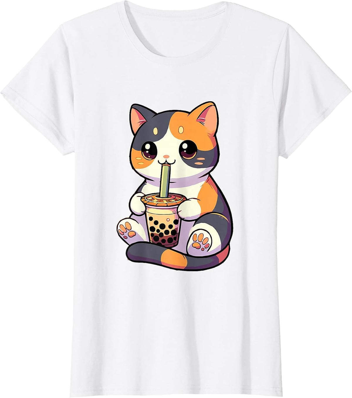 Cat Drinking Boba Feline Japanese Pet Kawaii Boba Calico Cat T-Shirt - White