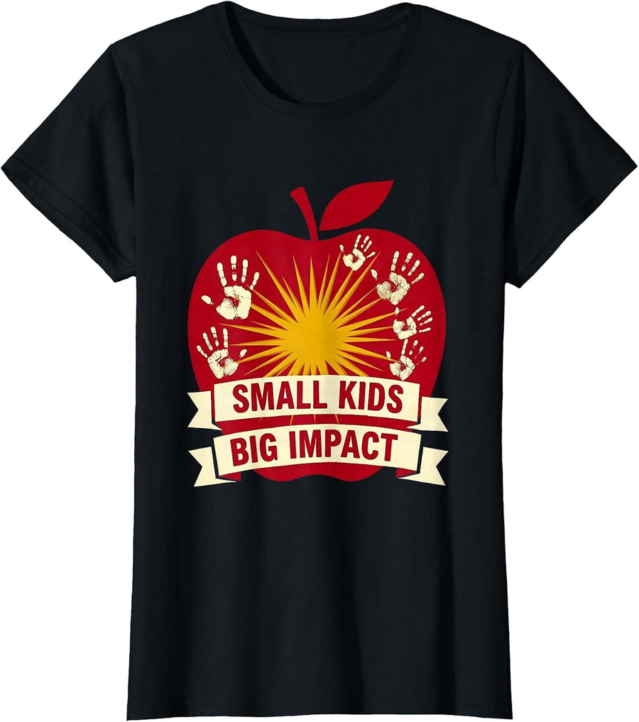 Women's Small Kids Big Impact 2nd Grade Teacher Design T-Shirt - Black