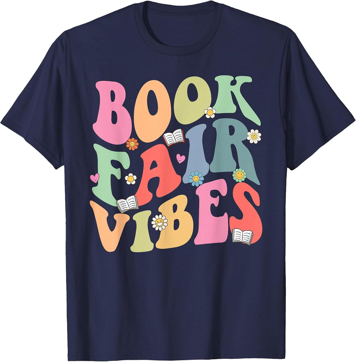Library Book Fair Vibe Groovy Retro School Reading Nostalgic T-Shirt - Navy Blue