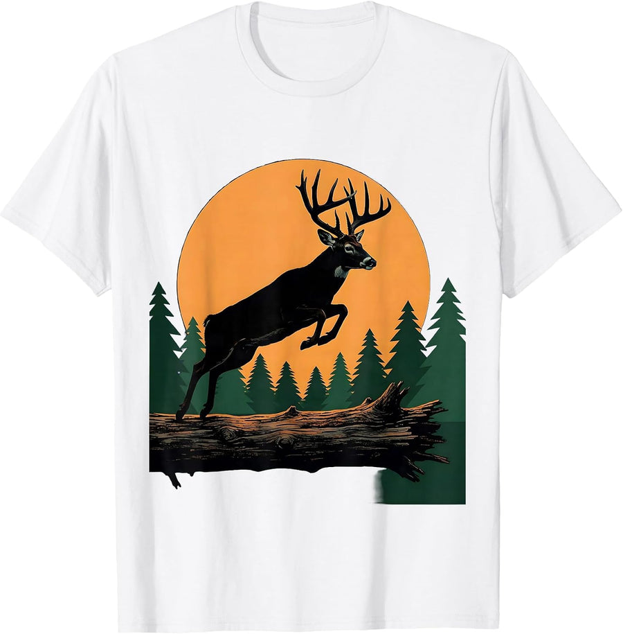 Men's Whitetail Deer Leaping Over Fallen Log T-Shirt - White