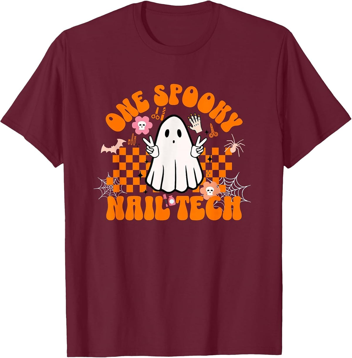 One Spooky Nail Tech Halloween for Nail Technicians Artists T-Shirt - Burgundy