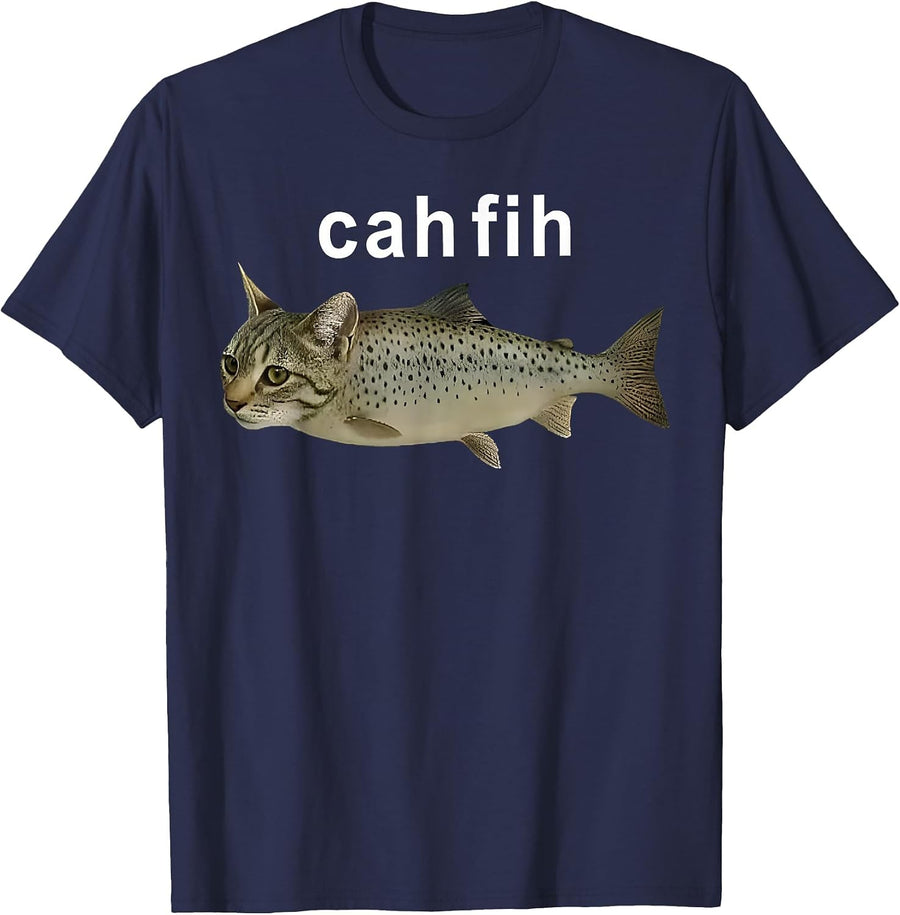Cah Fih Catfish Misspelled Fish Meme Cat Fih Calling Random T-Shirt - Navy Blue