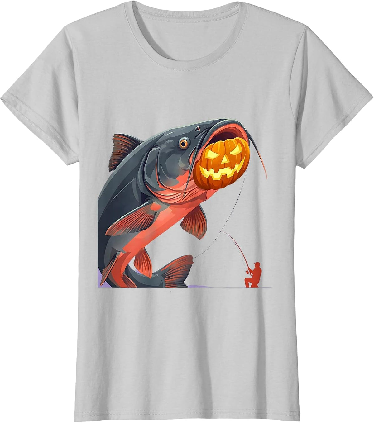 Halloween Monster Fish Catfish Angler Flat Vector T-Shirt - Silver Grey
