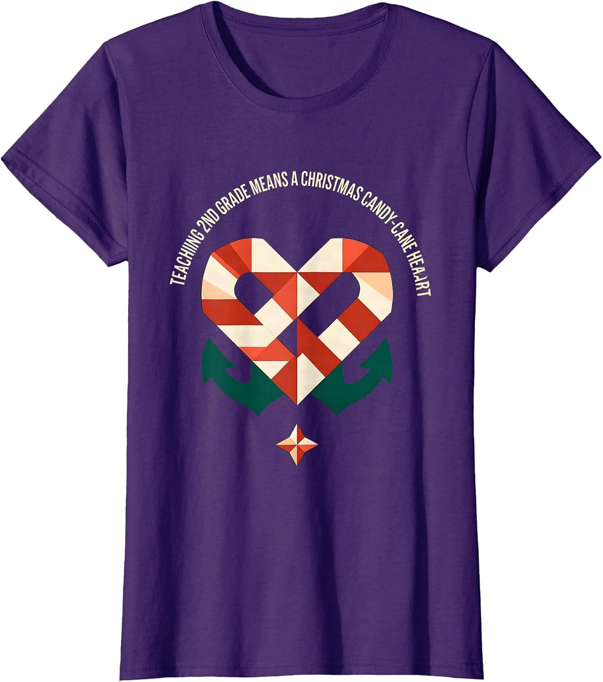 Women's Teaching 2nd Grade Means A Christmas Candy-Cane Heart T-Shirt - Purple