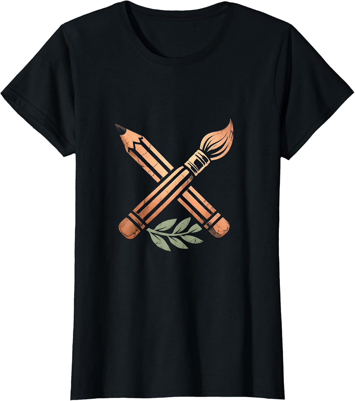 Crossed Pencil and Paintbrush Emblem Graphic T-Shirt - Black