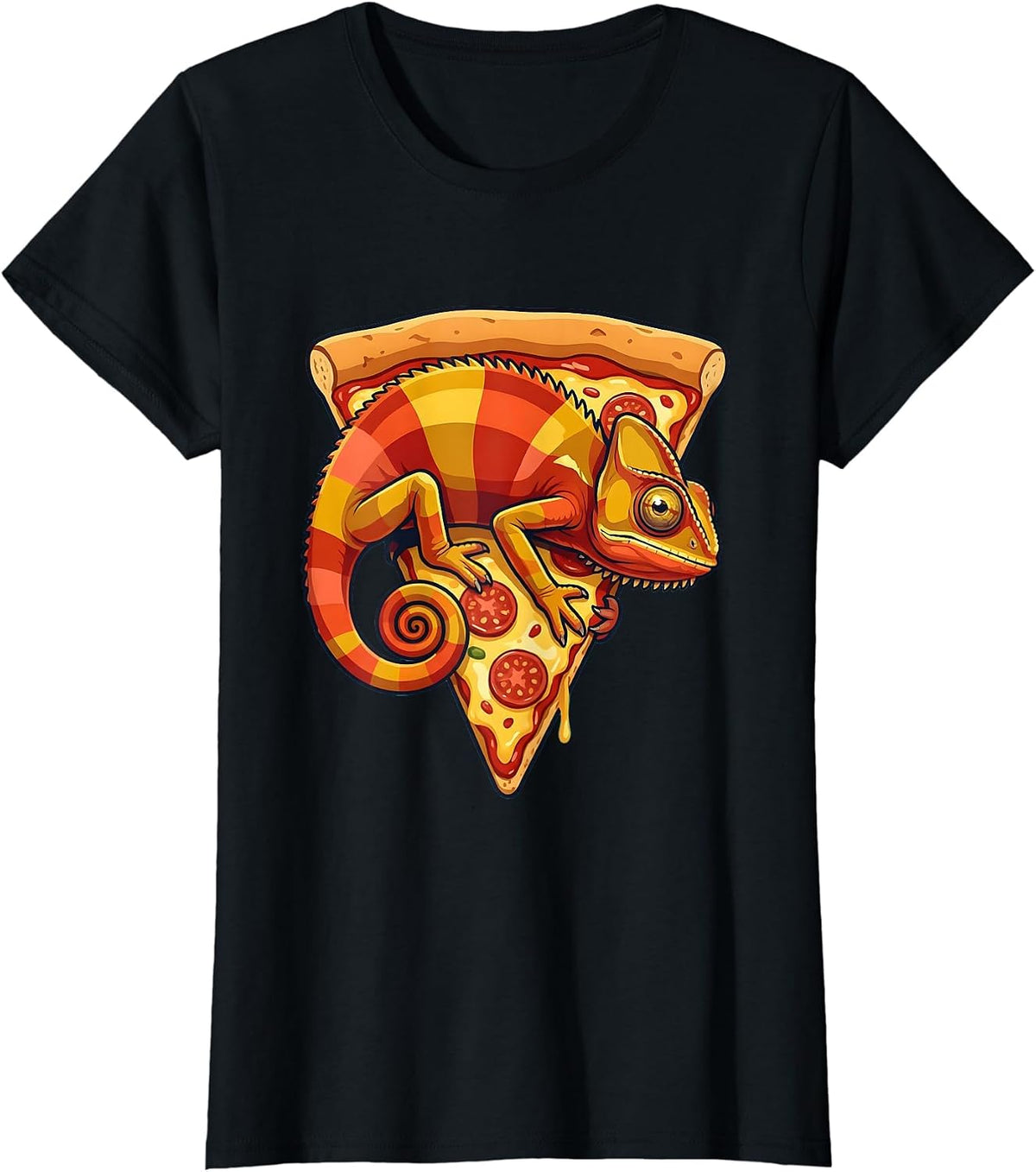 Chameleon Pizza Slice Funny Lizard Meme Graphic T-Shirt - Black