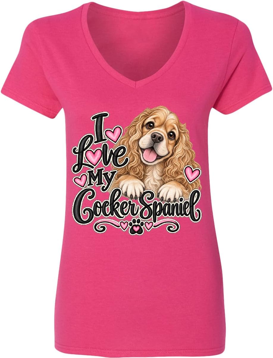 inktastic I Love My Cocker Spaniel Women's V-Neck T-Shirt - Cyber Pink