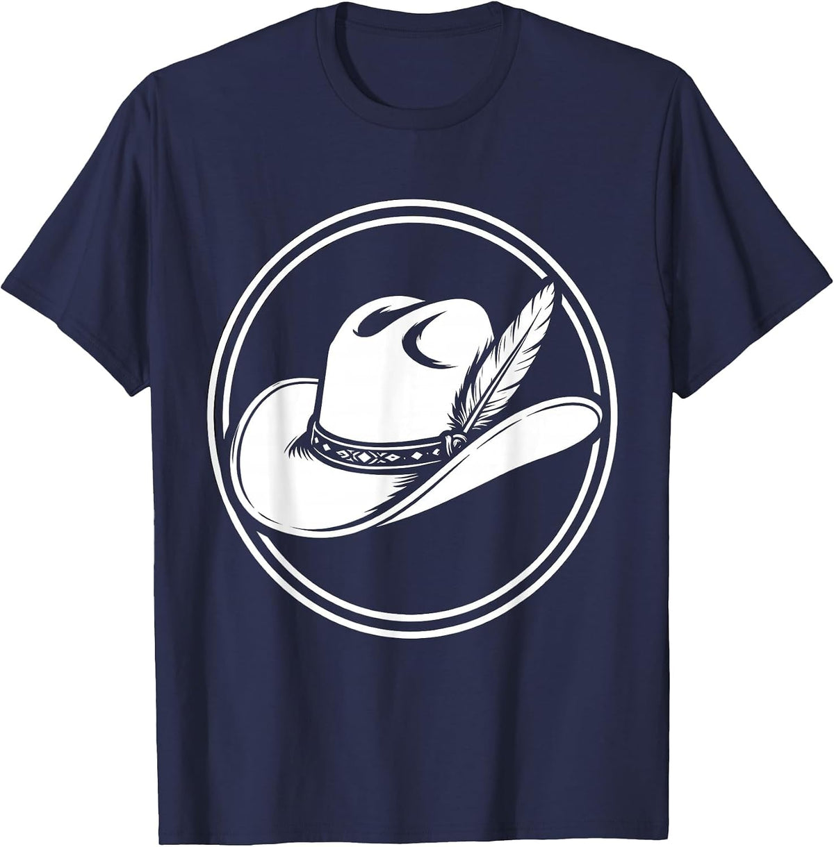 Detailed Cowboy Hat With Feather and Band Graphic T-Shirt - Navy Blue