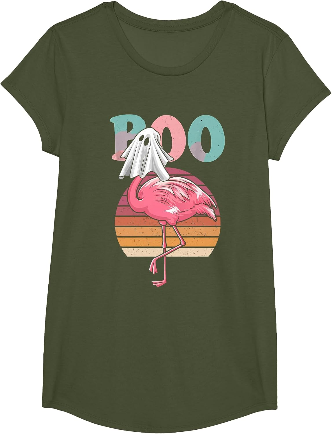 Flamingo Ghost Boo Pink Halloween Costume Flamingo Lover T-Shirt - Girls Olive Green