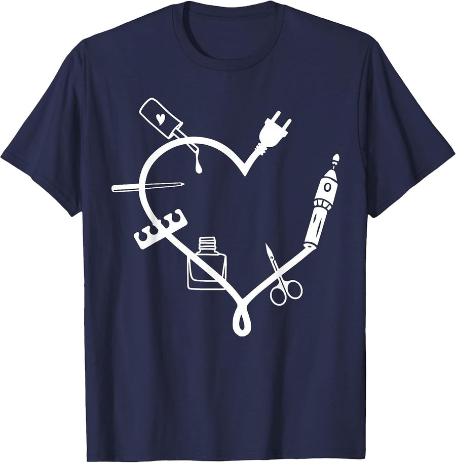 Manicure Set Nail Tech Heart Nail Technician Girls Women T-Shirt - Navy Blue