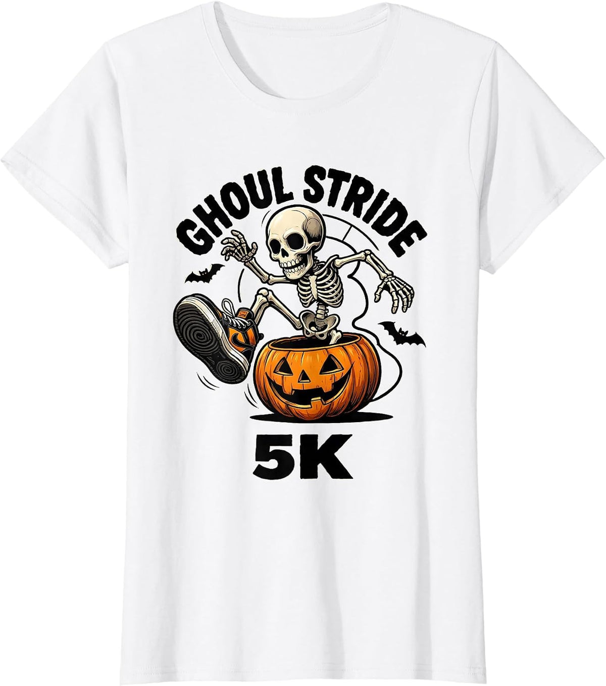 Ghoul Stride 5K Cartoon Skeleton Runner Halloween Fun Run T-Shirt - White