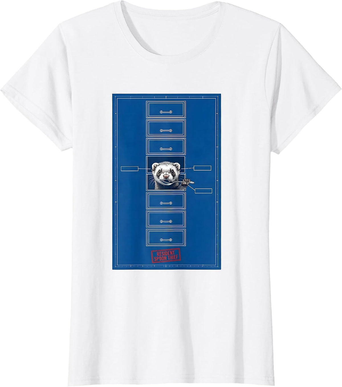 Resident Spoon Thief Technical Blueprint Ferret Lover Humor T-Shirt - White