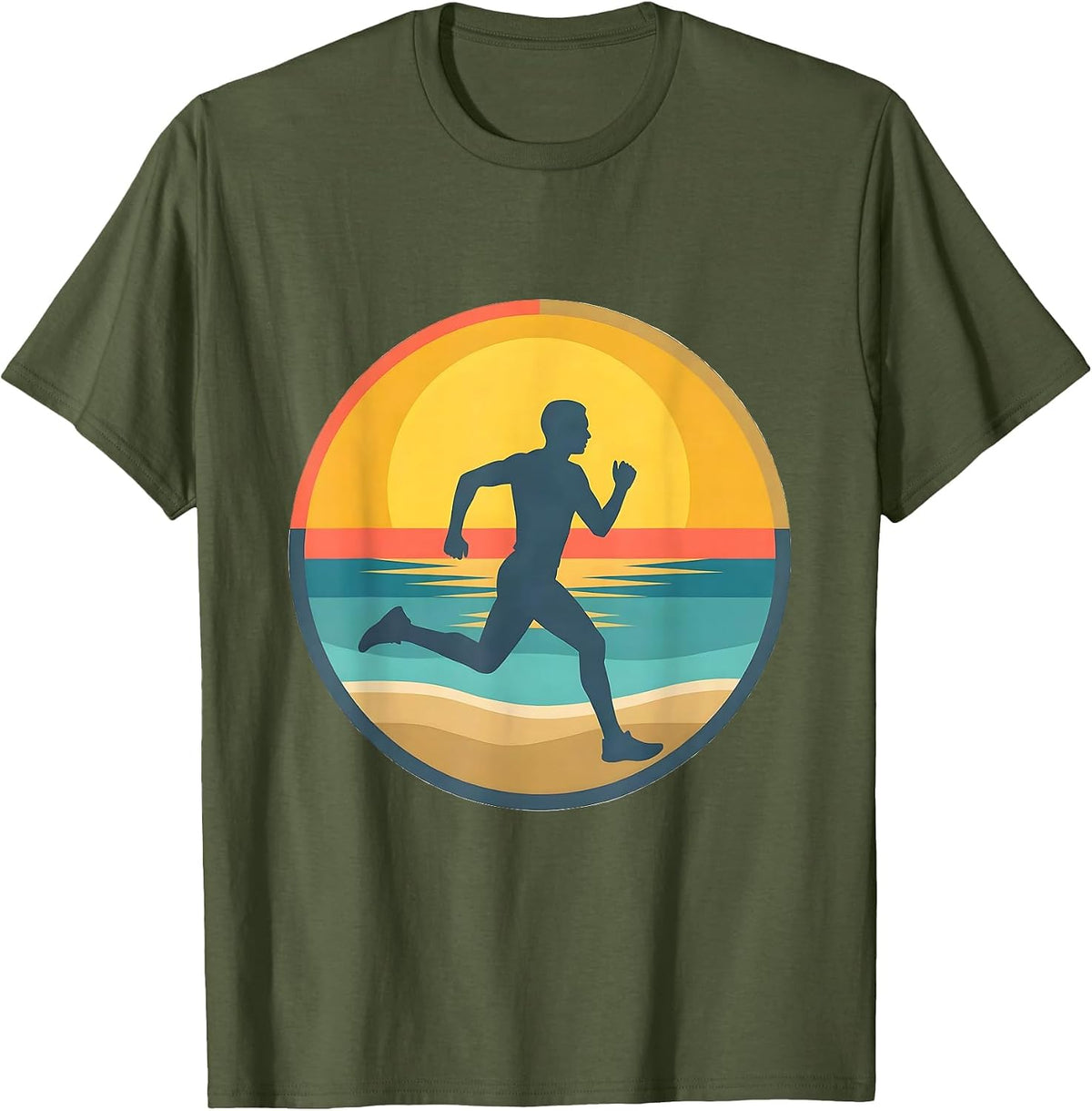 Men's Beach Runner Sunlit Stride Athleisure Design T-Shirt - Olive Green