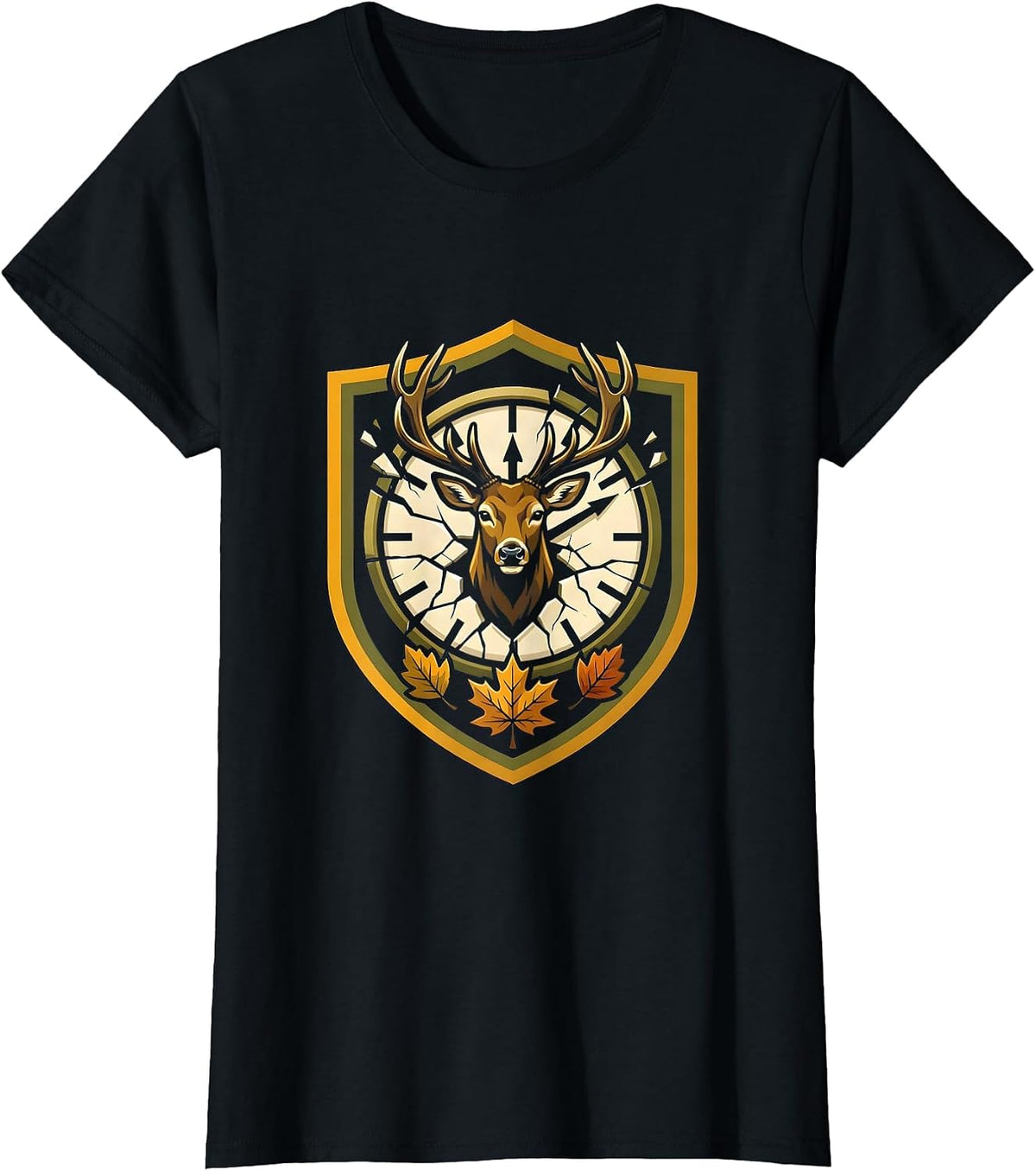 Women's Whitetail Buck Shield Emblem Funny Deer Hunting Hunter Dad T-Shirt - Black