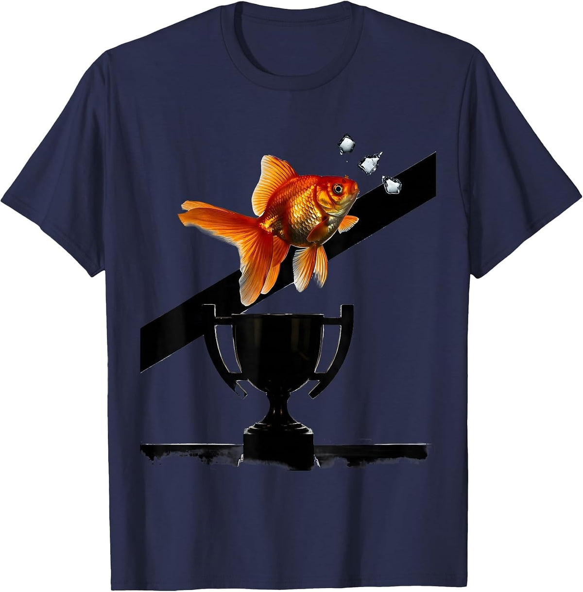 Men's Sarcastic Goldfish Leaping From Trophy Cup T-Shirt - Navy Blue