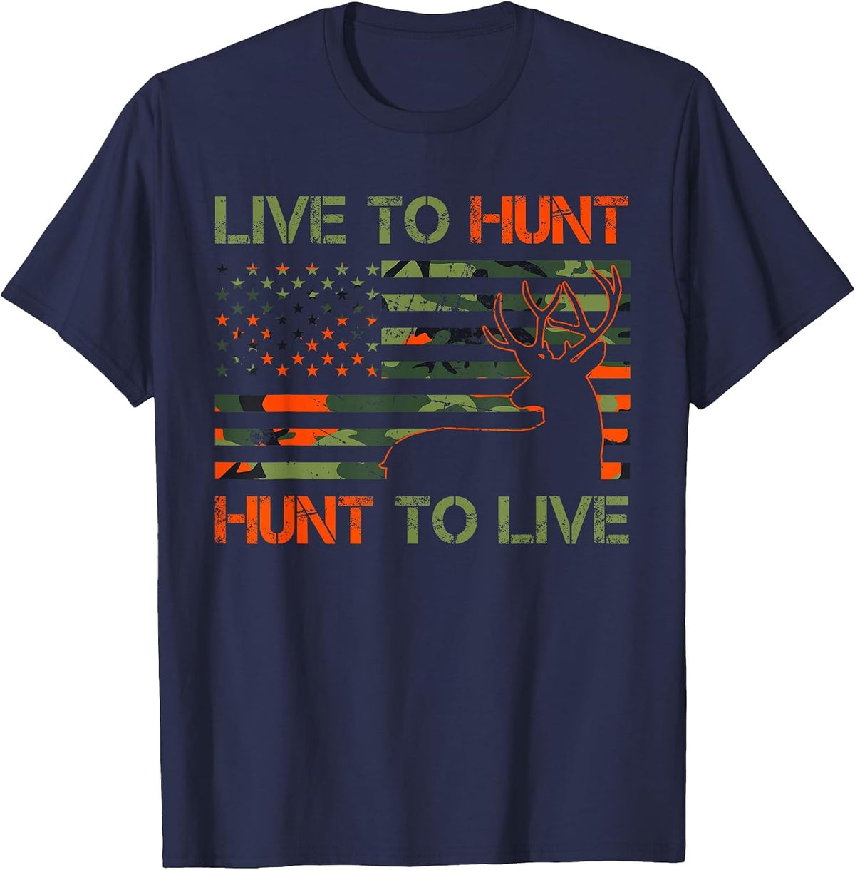 Live to Hunt Whitetail Buck Camo American Flag Deer Hunting T-Shirt - Navy Blue