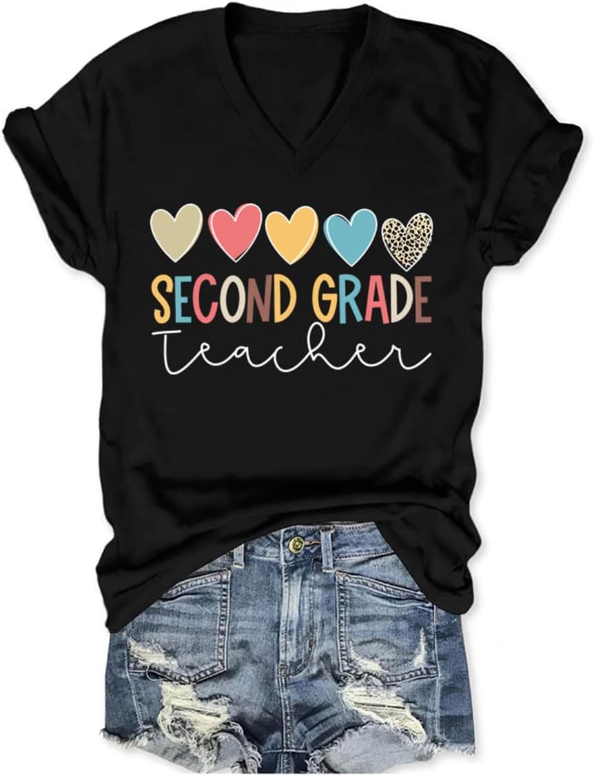 Second Grade Teacher Shirt Women 2nd Grade Teacher Tshirts Back to School T Shirt V Neck Short Sleeve T-Shirts - Black