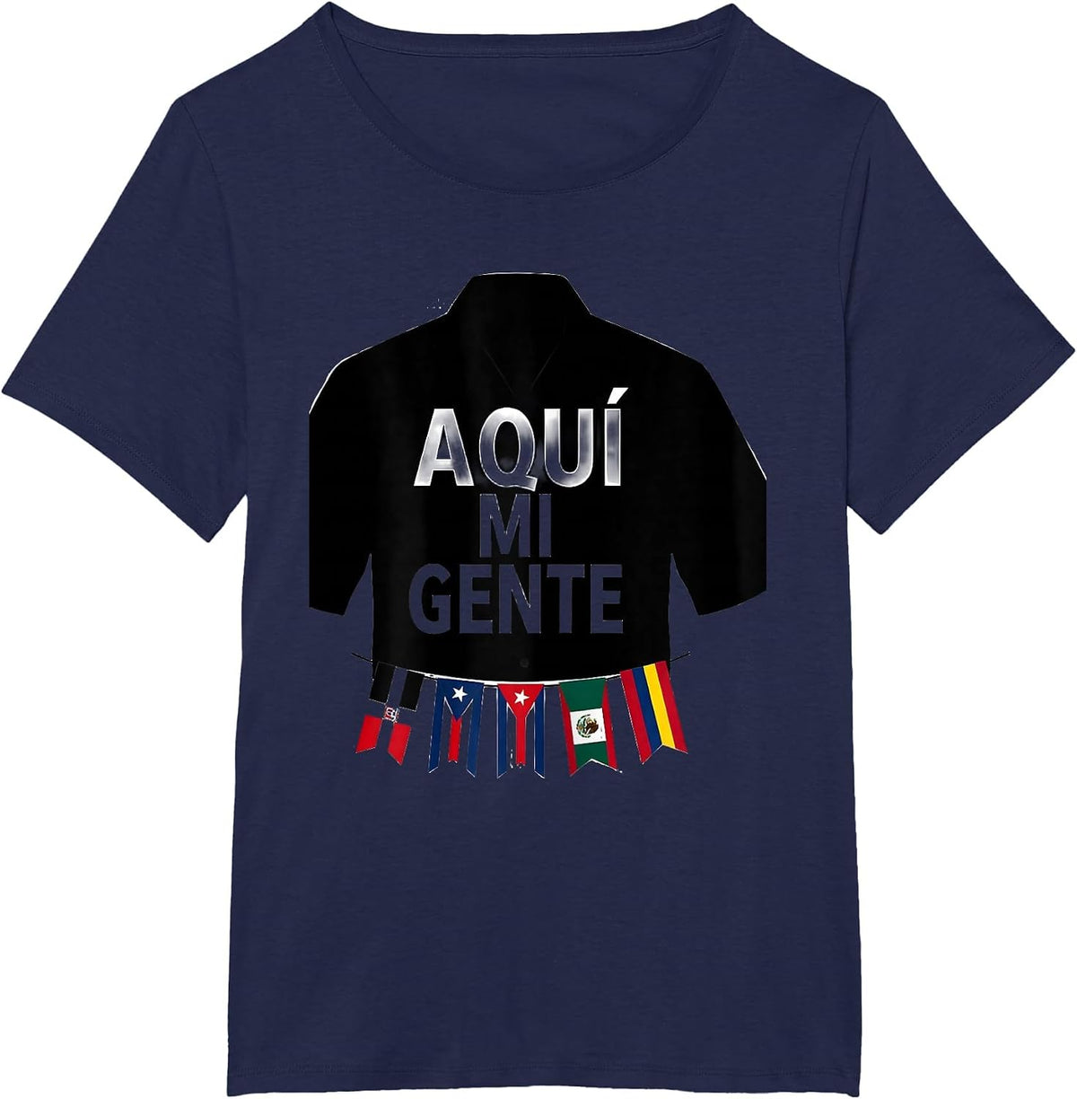 Women's Aquí Mi Gente Hispanic Heritage Month Multi-Flag Pride T-Shirt - Navy Blue