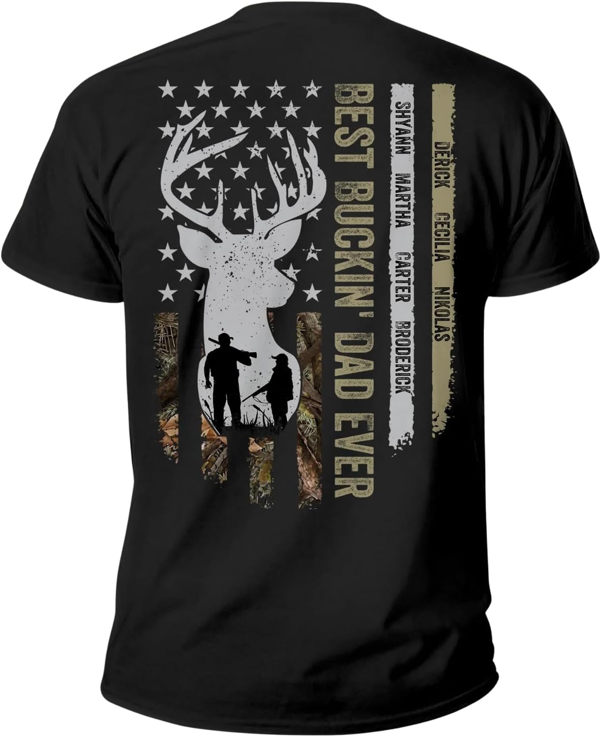Best Buckin' Dad Ever - Personalized Shirt, Custom Kid Names Camo Pattern Tees, Father's Day Birthday Gift for Hunting Dad,