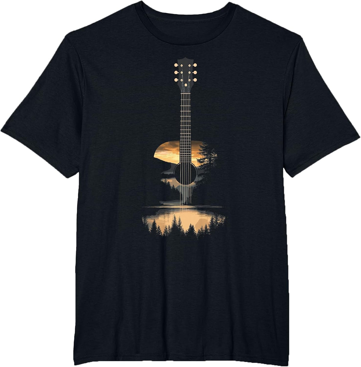 Sunset Acoustic Guitar Scenic Nature Art T-Shirt - Black