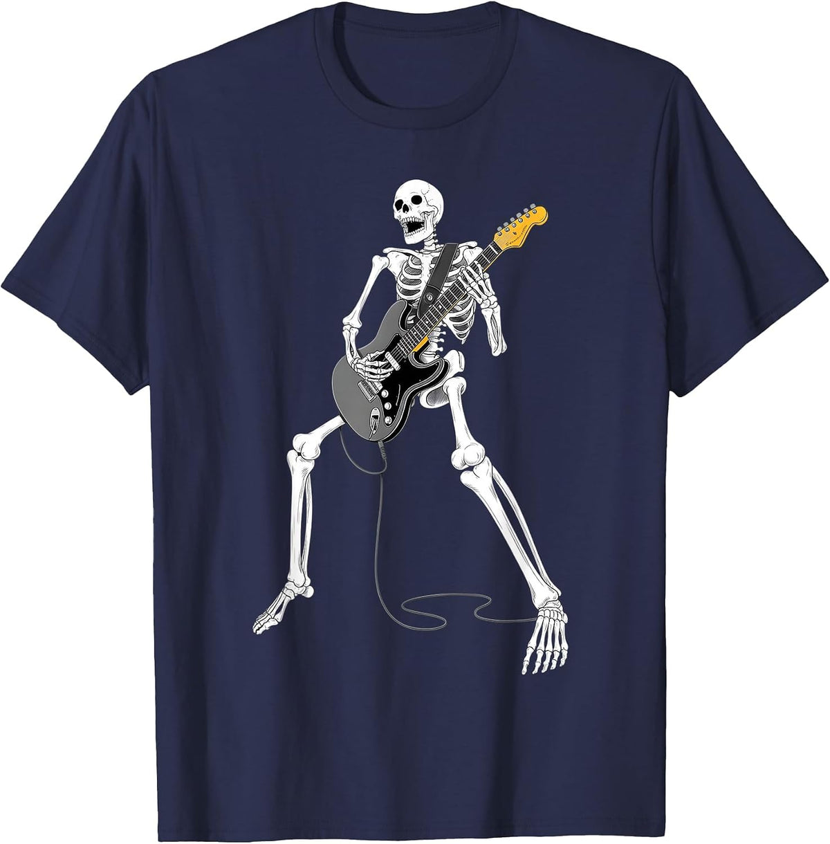 Skeleton Guitar Guy Music Spooky Halloween Rock Band Concert T-Shirt - Navy Blue