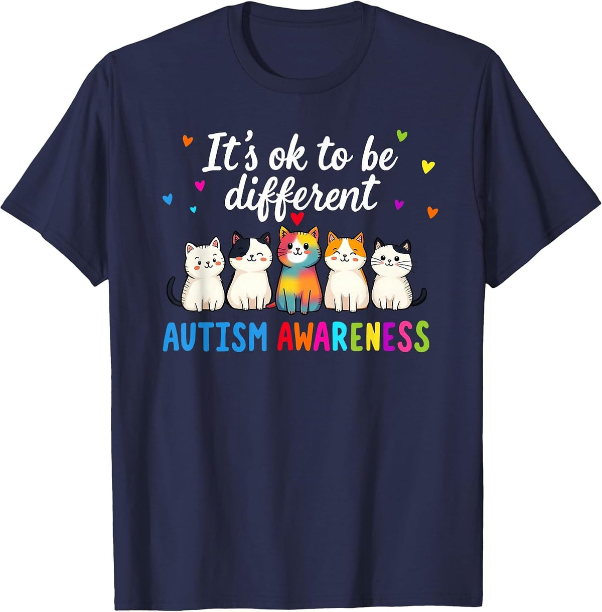 Autism Awareness Cat It's Okay to Be Different Funny Design T-Shirt - Navy Blue