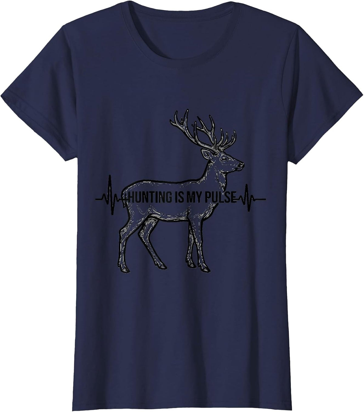 Women's Hunting Is My Pulse Flat Line Art Deer Silhouette Hunter T-Shirt - Navy Blue