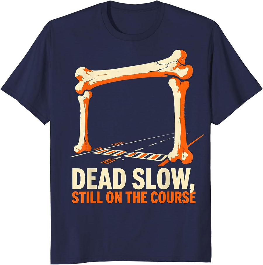 Dead Slow Still On The Course Funny Skeleton Runner T-Shirt - Navy Blue