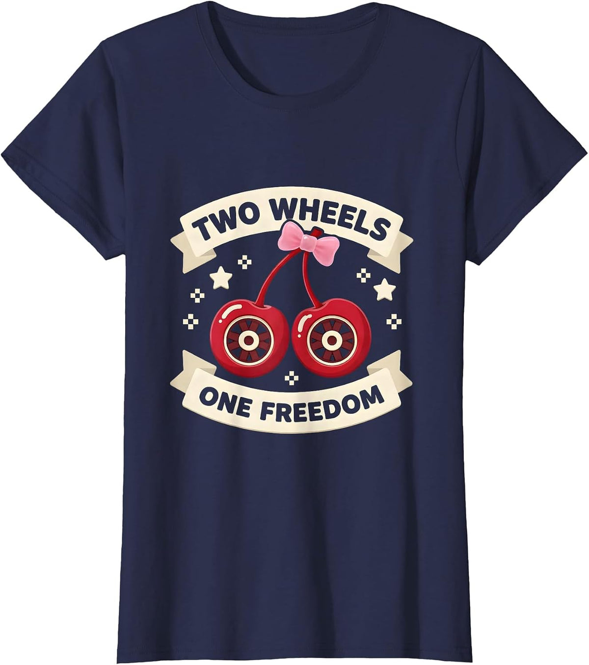Women's Two Wheels One Freedom Motorcycle Design T-Shirt - Navy Blue