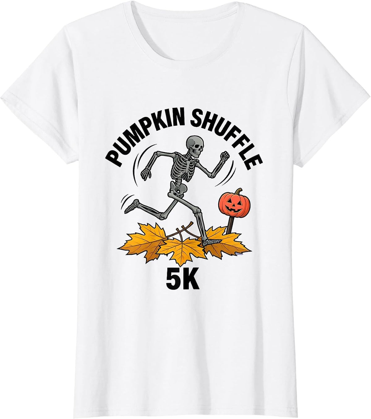 Pumpkin Shuffle 5K Funny Skeleton Runner Halloween 5K Race T-Shirt - White