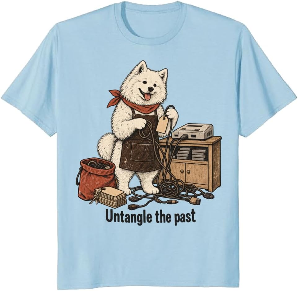 Gamer Dog T-Shirt Retro Samoyed Cable Organizer Graphic Tee - S6