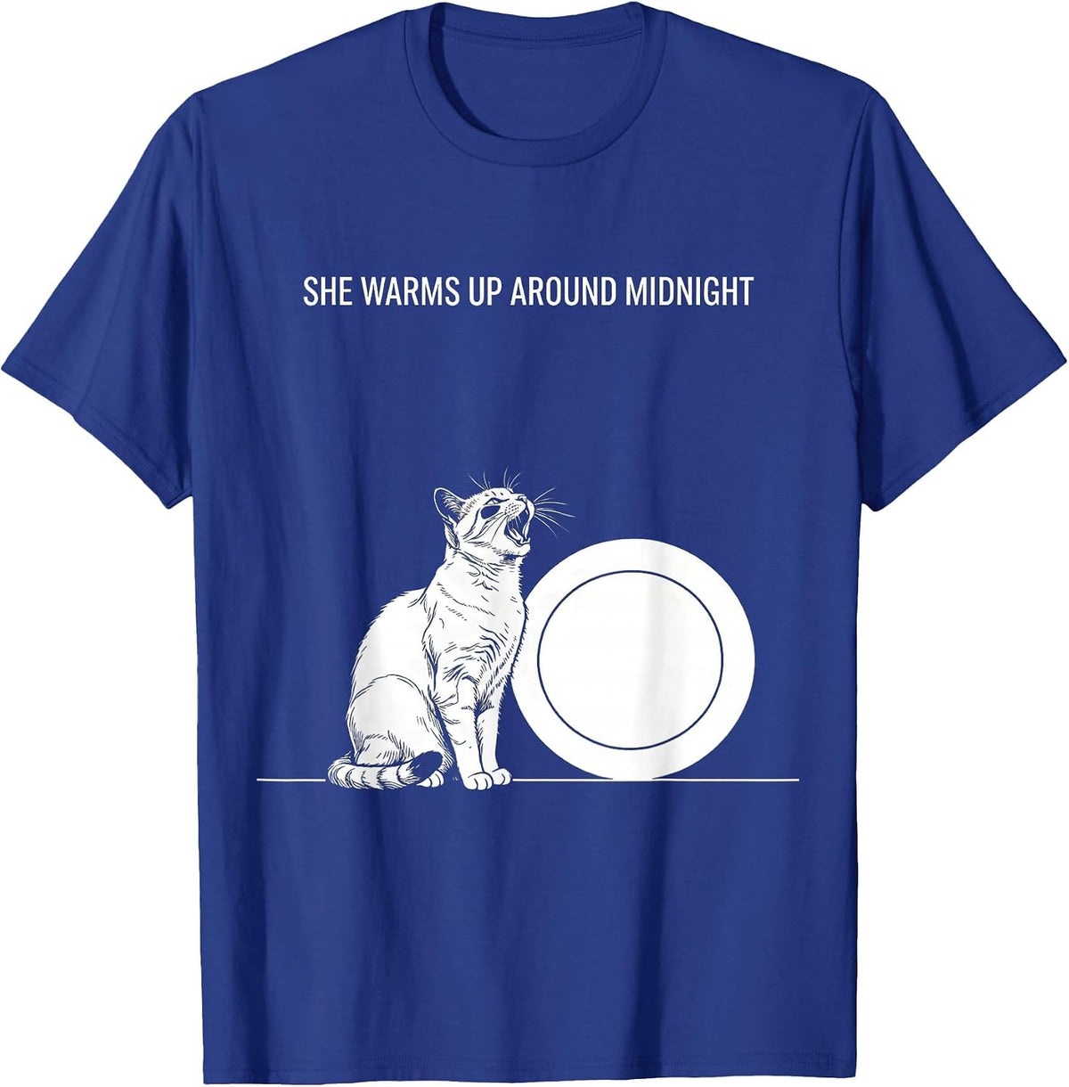 Men's She Warms Up Around Midnight Line Art Cat Howling at Moon T-Shirt - Royal Blue
