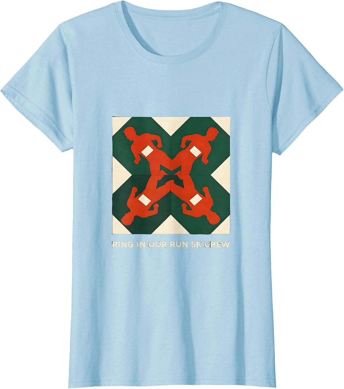 Ring In Our Run 5K Crew Quilt Block Patchwork Christmas Fun T-Shirt - Baby Blue
