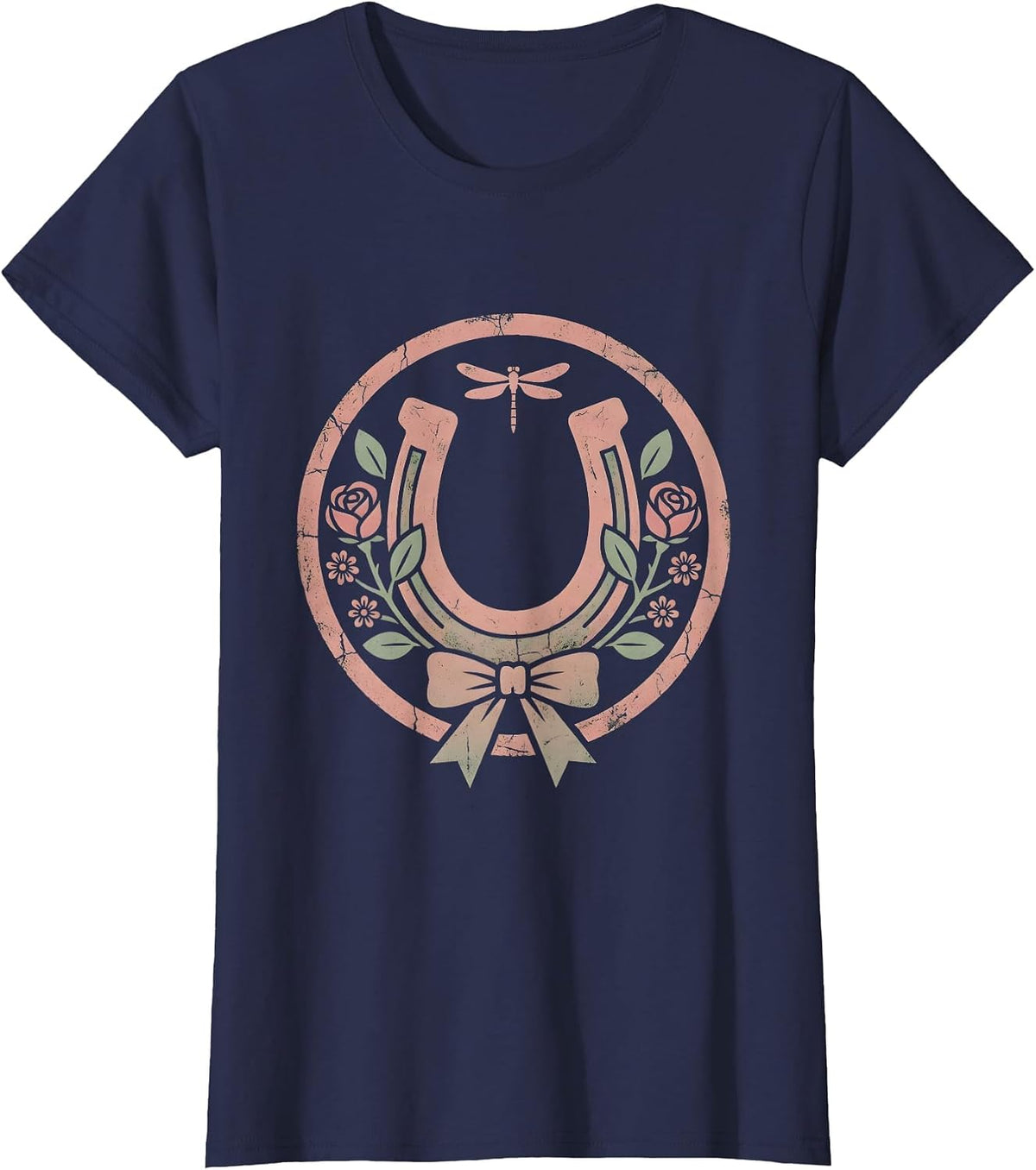 Women's Rhinestone Horseshoe with Roses Country Music Design T-Shirt - Navy Blue