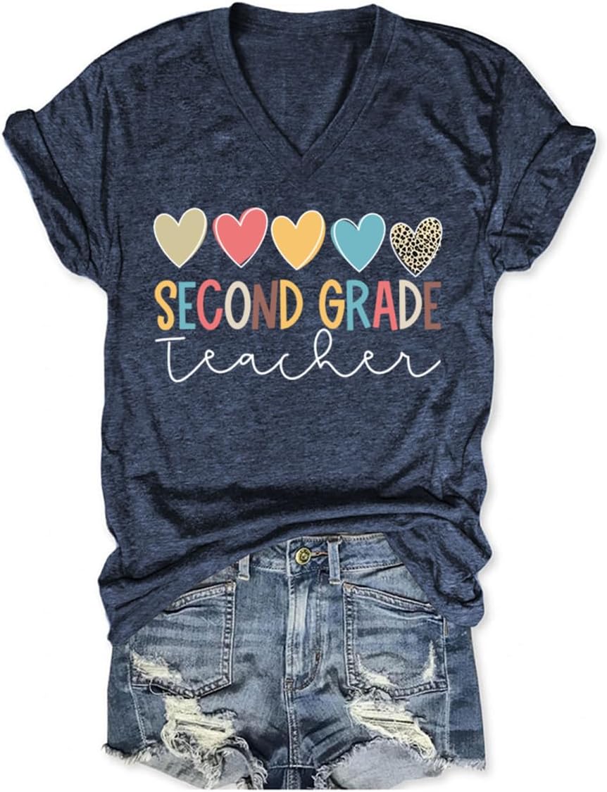Second Grade Teacher Shirt Women 2nd Grade Teacher Tshirts Back to School T Shirt V Neck Short Sleeve T-Shirts - Navy Blue