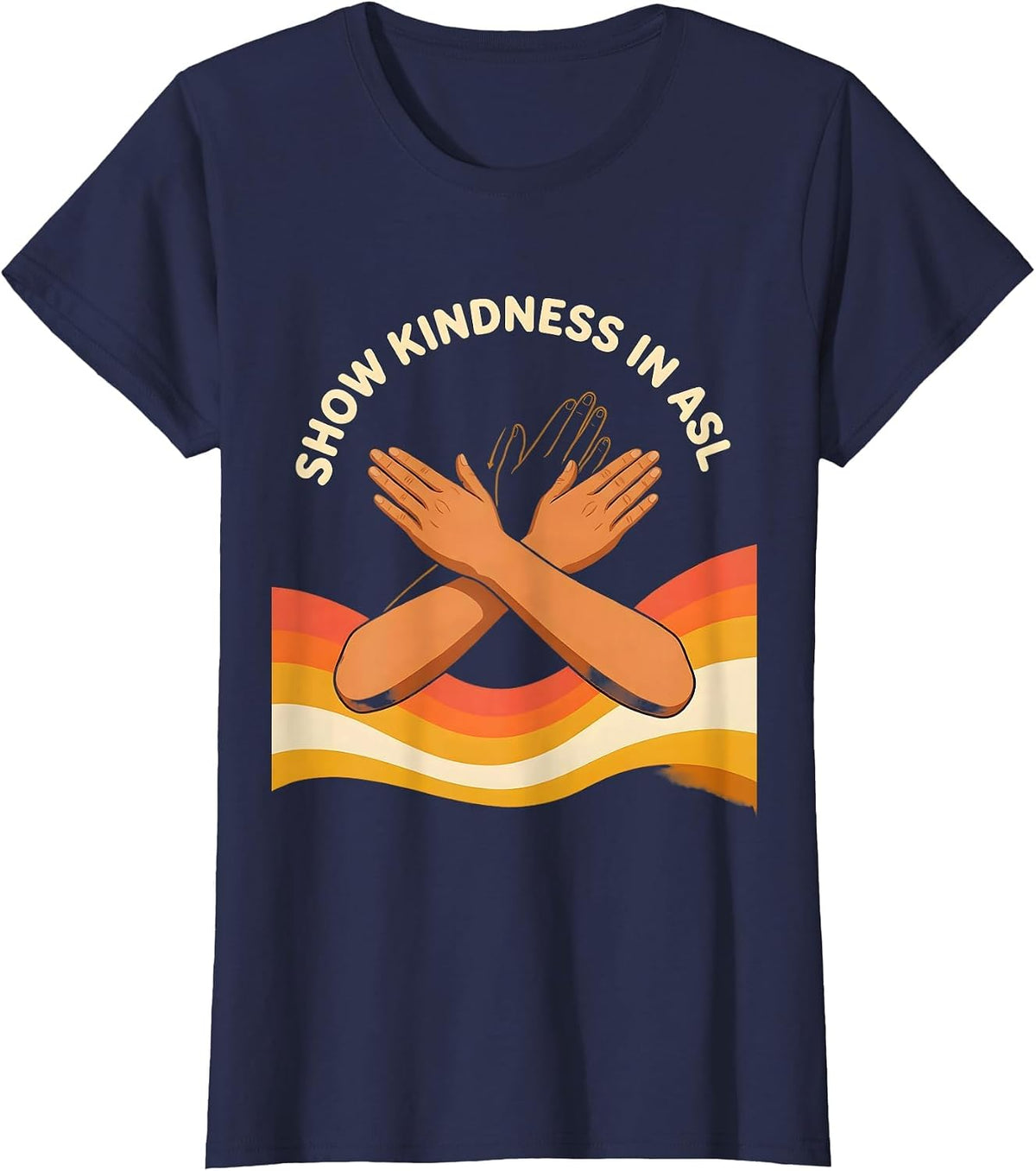 Women's Show Kindness in ASL Retro 70s ASL Teacher Deaf Awareness T-Shirt - Navy Blue