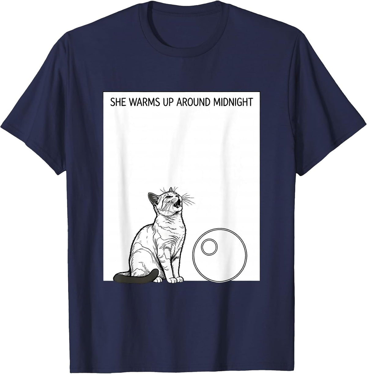 She Warms Up Around Midnight Line Art Cat Howling at Moon T-Shirt - Navy Blue