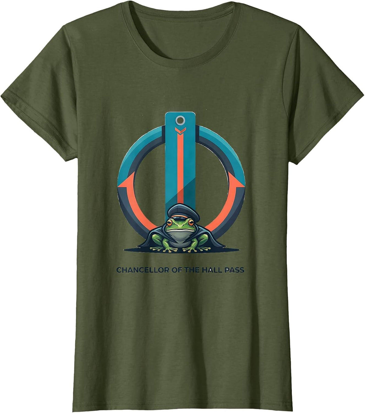 Women's Chancellor of the Hall Pass Funny Frog Teacher Back T-Shirt - Olive Green