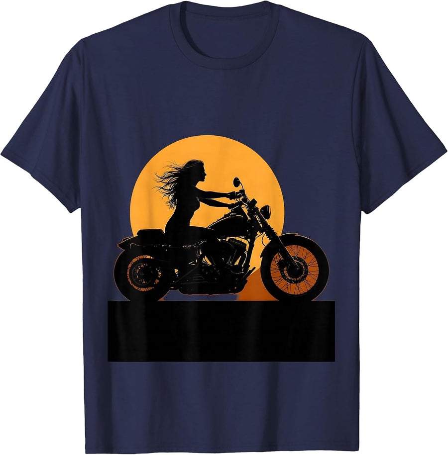 Woman Rider Cruiser Motorcycle Sunset Graphic T-Shirt - Navy Blue