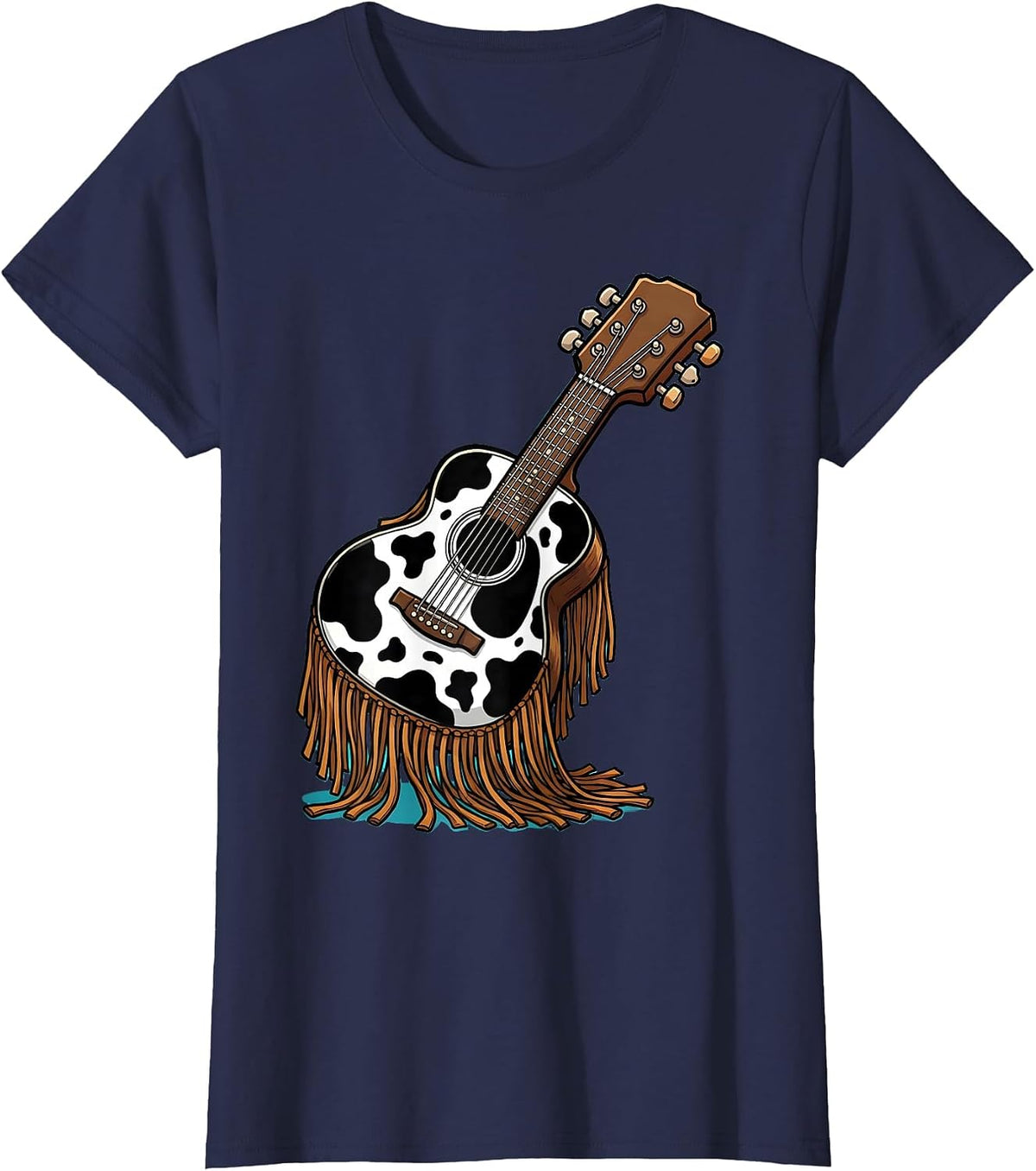 Women's Cow Print Guitar With Western Fringe Illustration T-Shirt - Navy Blue