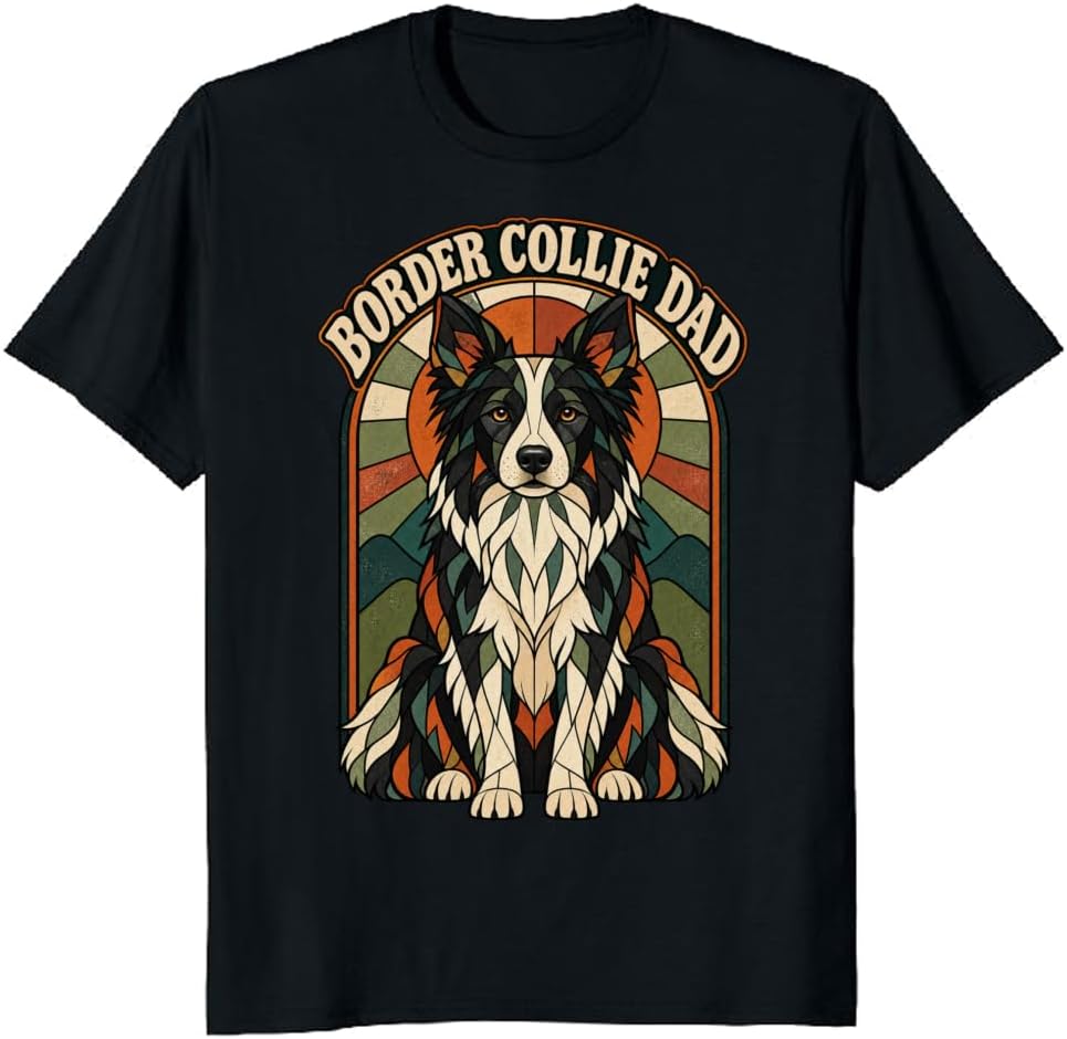 Border Collie Dad T-Shirt Retro Stained Glass Dog Portrait Tee - S3