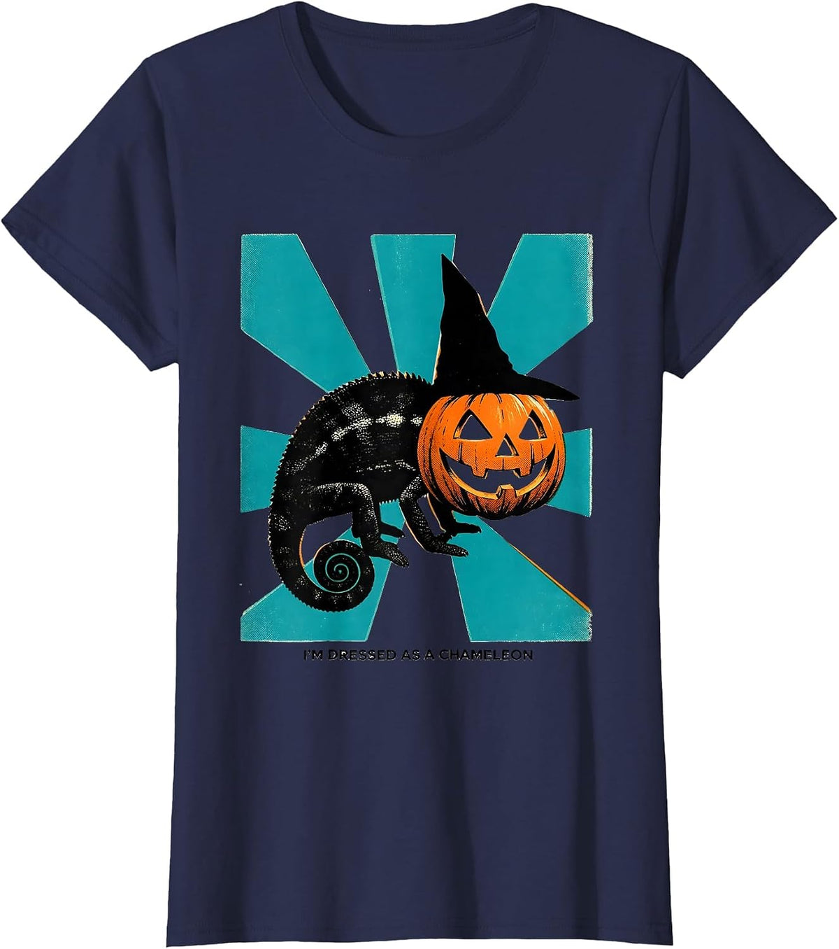 Women's I'm Dressed as a Chameleon Risograph Halloween Witch Hat T-Shirt - Navy Blue