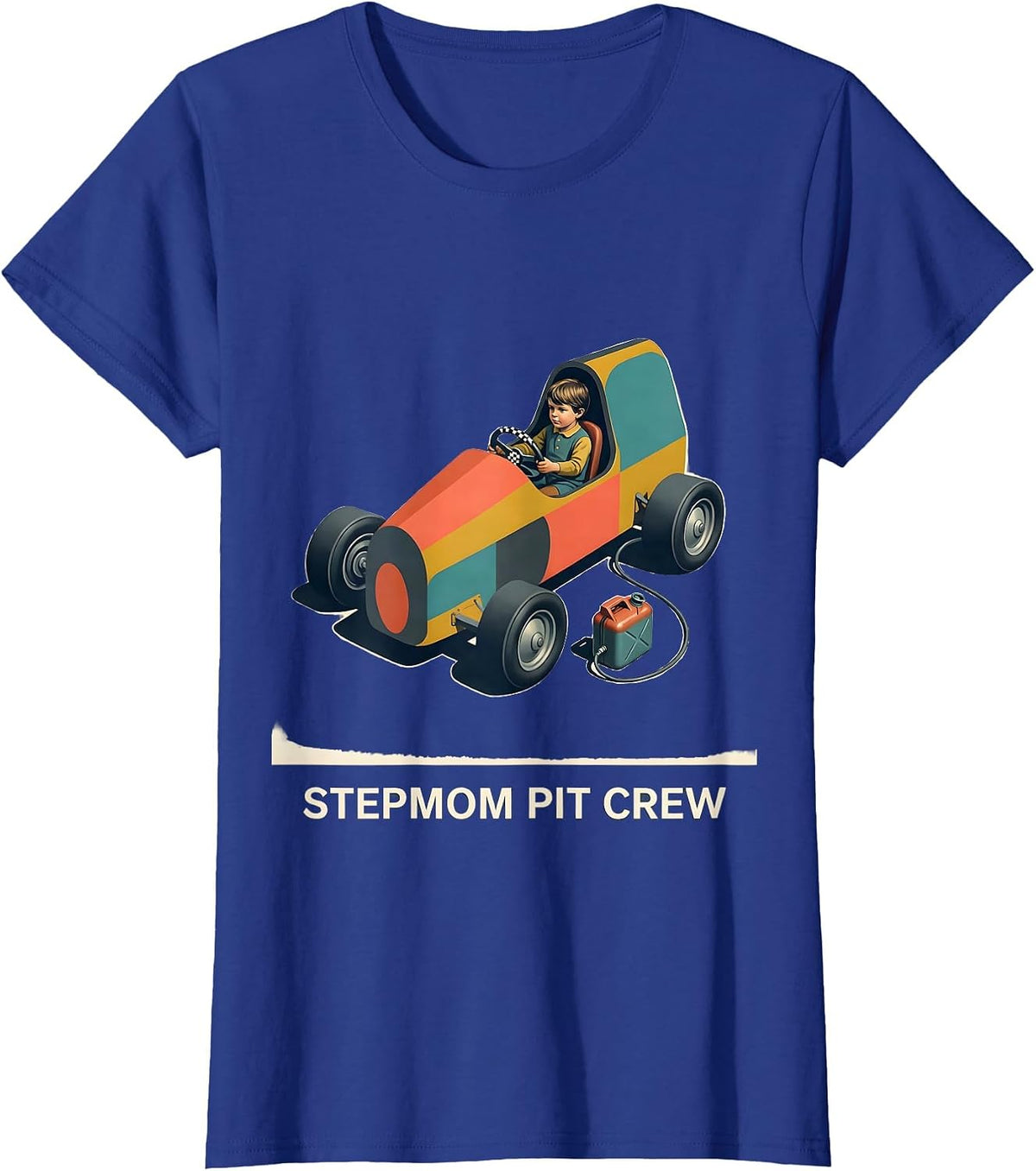 Women's Stepmom Pit Crew Midcentury Modern Race Car Birthday Party T-Shirt - Royal Blue
