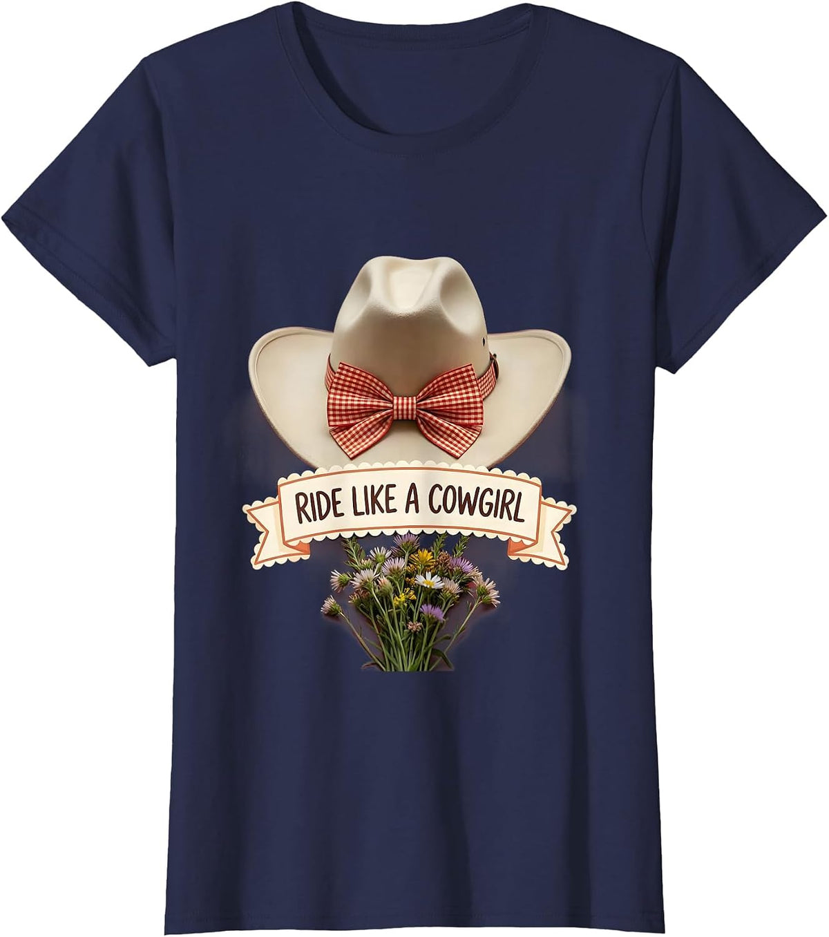 Women's Ride Like a Cowgirl White Cowgirl Design T-Shirt - Navy Blue